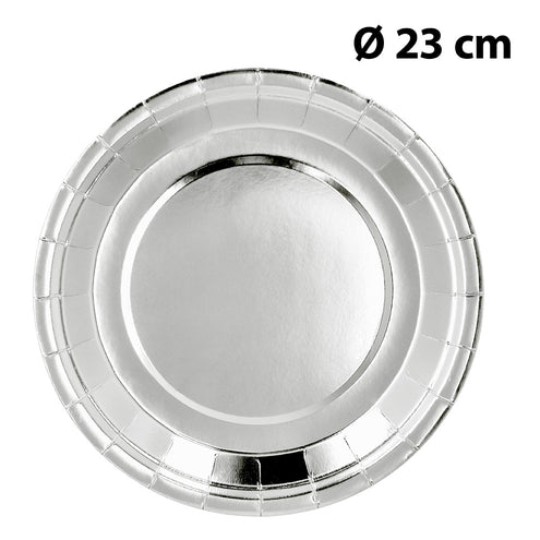 Set 6 papieren bordjes zilver van bovenaf met maataanduiding doorsnede 23 cm