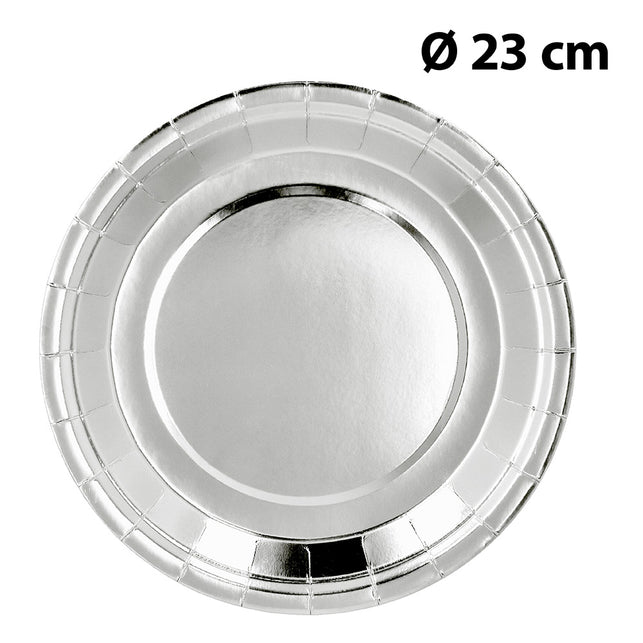 Set 6 papieren bordjes zilver van bovenaf met maataanduiding doorsnede 23 cm