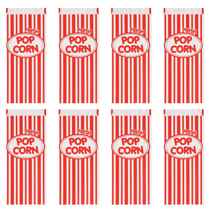 Set 8 papieren popcorn uitdeelzakjes, rood-wit gestreept met popcornopdruk in een wit ovaal, voor een filmavond