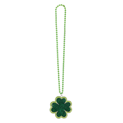 Shamrock ketting groen met een snoer glanzende kralen en een klaverhanger met lichtgroene glitterrand