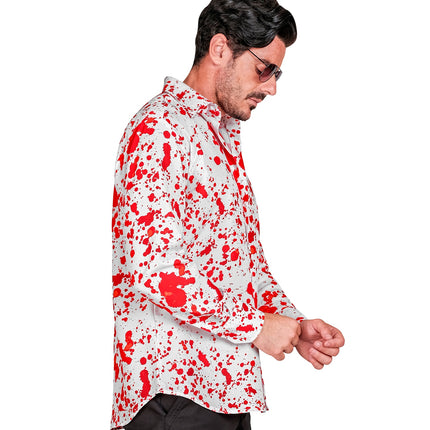 Shirt bloedspetters Erik zijkant met fijne rode spatjes over de lange mouw