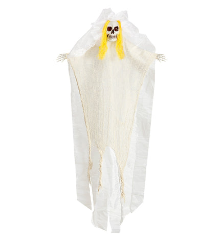 Skelet bruid hangdeco 105cm met witte sluier, gele haren en rafelig gaasgewaad