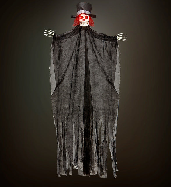 Skelet bruidegom decoratie opgehangen met oplichtende kop voor een halloweenfeest thuis