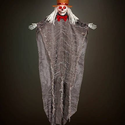 Skelet bruidegom hangdeco opgehangen als halloweendecoratie met verlichte ogen en botten handen