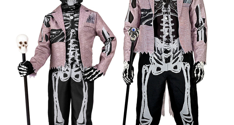 Skelet bruidegom kinderkostuum in twee maten, oudroze rokjas met bottenprint en zwarte broek voor Halloween