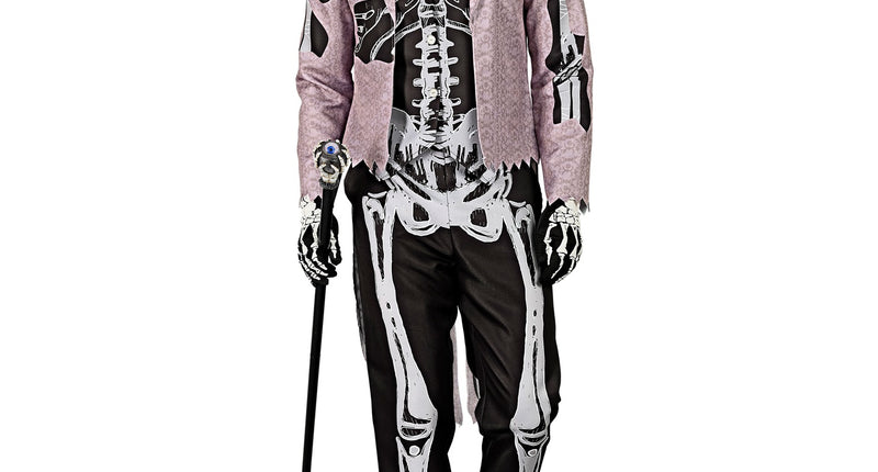 Skelet bruidegom kostuum met oudroze rokjas en wit-grijze botopdruk op vest en broek, voor Halloween