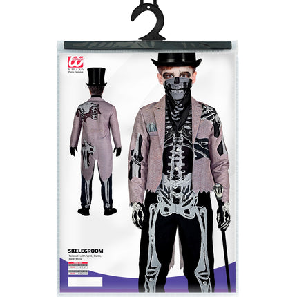 Skelet bruidegom kostuum in verpakking met rokjas met vest, broek en gezichtsmasker