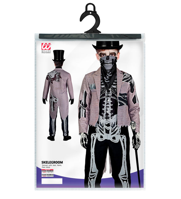 Skelet bruidegom kostuum in verpakking met rokjas met vest, broek en gezichtsmasker