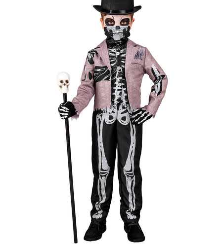 Skelet bruidegom vooraanzicht met witte ribbenkastprint op het vest en gezichtsmasker met tanden