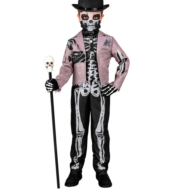 Skelet bruidegom vooraanzicht met witte ribbenkastprint op het vest en gezichtsmasker met tanden
