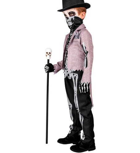 Skelet bruidegom zijaanzicht met gerafelde zigzagzoom aan de rokjas en pochet met franje