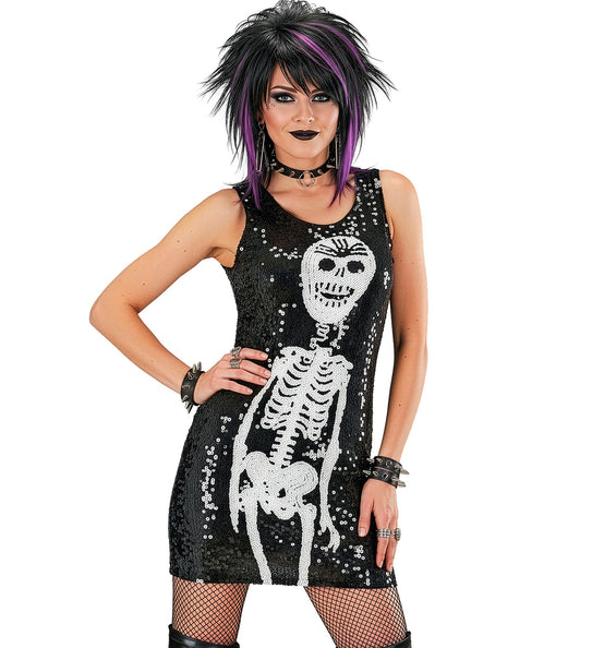 Skelet jurk Britt met pailletten, zwart met wit skelet op de voorkant, voor dames op Halloween