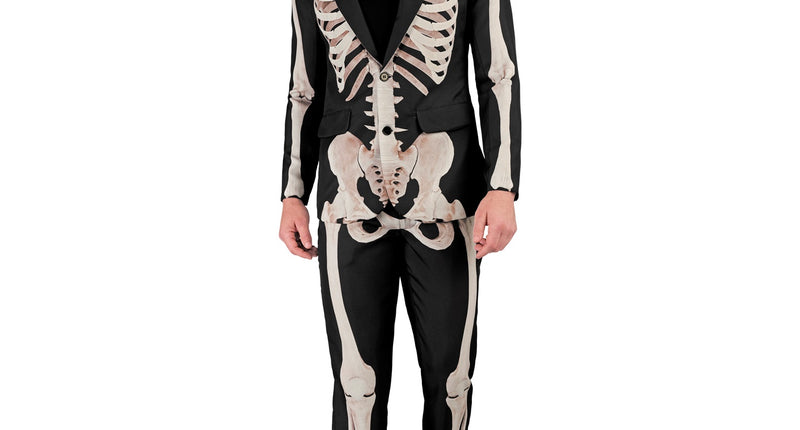 Skelet kostuum heren: zwarte jas en broek met botopdruk, gedragen op een Halloweenfeest