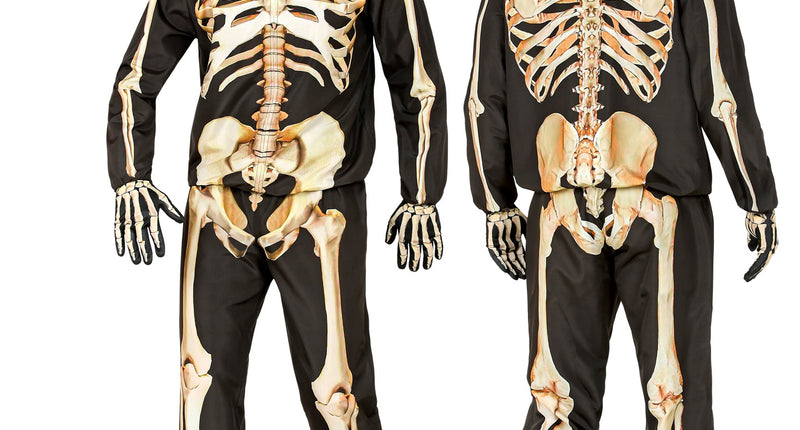 Skelet kostuum Isaack heren, zwart pak met botopdruk voor en achter, met schedelmasker voor Halloween
