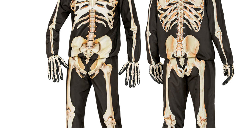 Skelet kostuum Isack kind, zwarte jas en broek met botopdruk, voor- en achterkant, voor Halloween