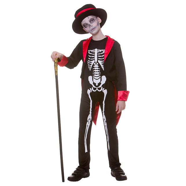 Skelet kostuum kinderen Mr. Skelebones met zwarte jumpsuit, witte botopdruk, rood gevoerde jas en hoed voor Halloween
