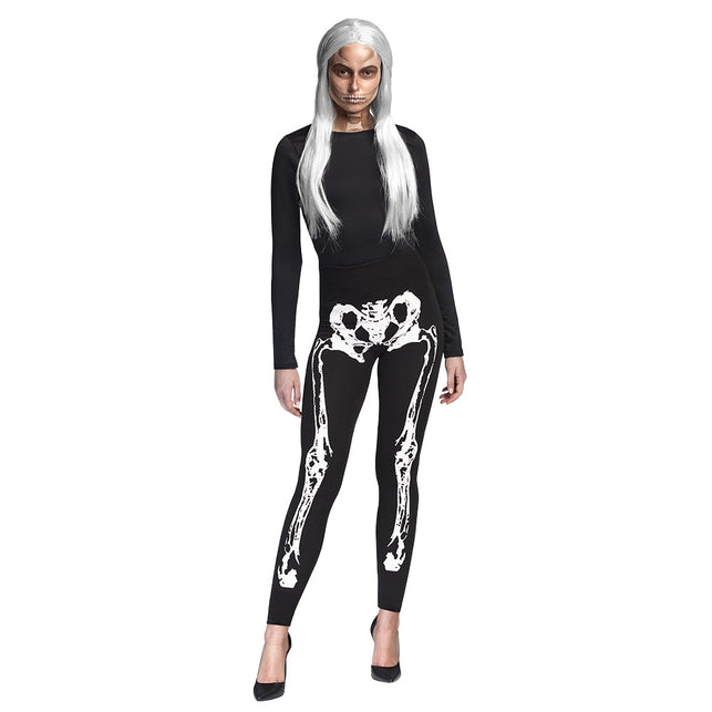 Skelet legging dames gedragen met zwarte top en witte pruik voor Halloween