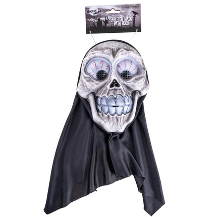 Skelet masker met kap in verpakking met kaartje, bloeddoorlopen bolle oogbollen en zwarte stoffen kap