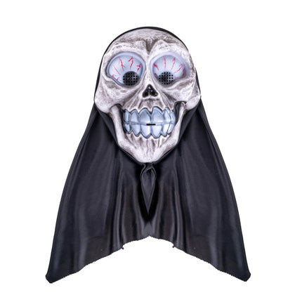 Skelet masker met kap vooraanzicht, grijnzende tandenrij en puntig uitlopende zwarte kap voor Halloween