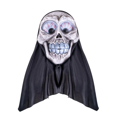 Skelet masker met kap vooraanzicht, grijnzende tandenrij en puntig uitlopende zwarte kap voor Halloween