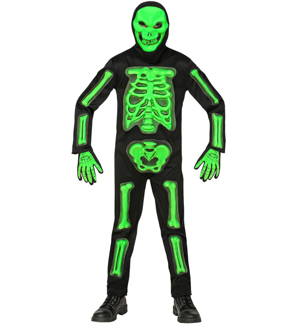 Skelet pak 3D groen kinderen: zwarte jumpsuit met groene botten in reliëf en masker met capuchon