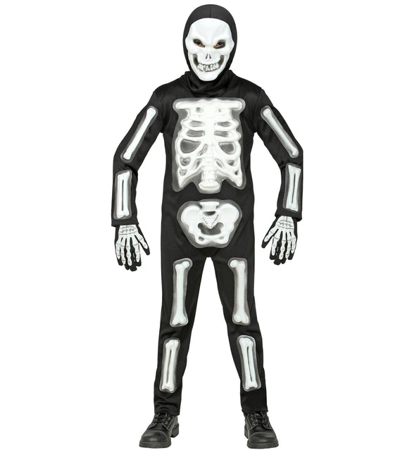 Skelet pak 3D voor kinderen: zwarte jumpsuit met witte 3D-botten en skeletmasker met capuchon voor Halloween
