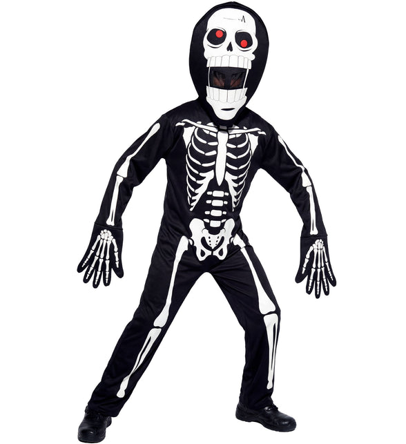 Skelet pak met groot hoofd: zwarte overall met witte botopdruk en skeletmasker met rode ogen voor Halloween