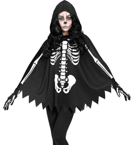 Skelet poncho volwassenen in zwart met witte ribbenkast- en bekkenprint en capuchon voor Halloween