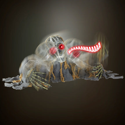 Skelet zombie groundbreaker met draaiend hoofd en rode lichtogen in het donker, halloweendecoratie