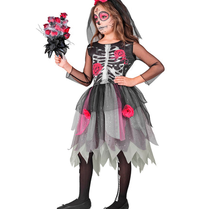 Skeletjurk met rozen Jenu, geprinte ribbenkast op het lijfje en doorzichtige mesh mouwen