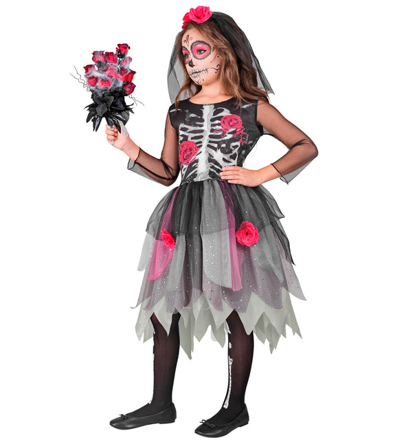Skeletjurk met rozen Jenu, geprinte ribbenkast op het lijfje en doorzichtige mesh mouwen