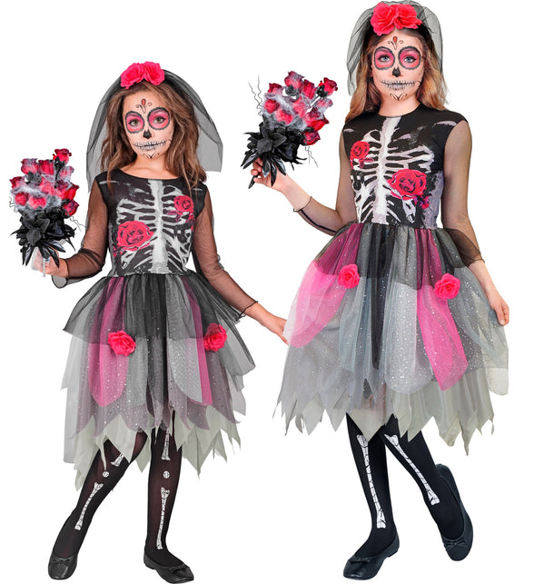 Skeletjurk met rozen Jenu voor meisjes, zwarte jurk met botopdruk en tulerok, in twee maten voor Halloween