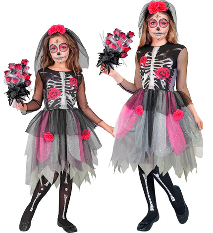 Skeletjurk met rozen Jenu voor meisjes, zwarte jurk met botopdruk en tulerok, in twee maten voor Halloween