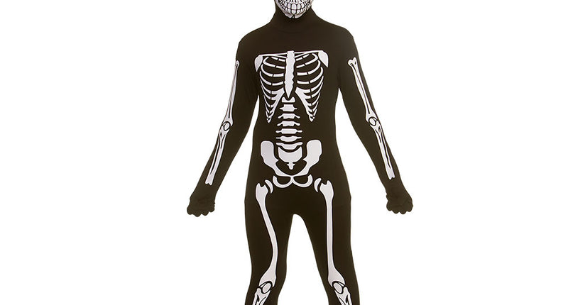 Skeleton second skin kostuum kids, zwart pak met witte botten-opdruk en kap met schedelgezicht voor Halloween