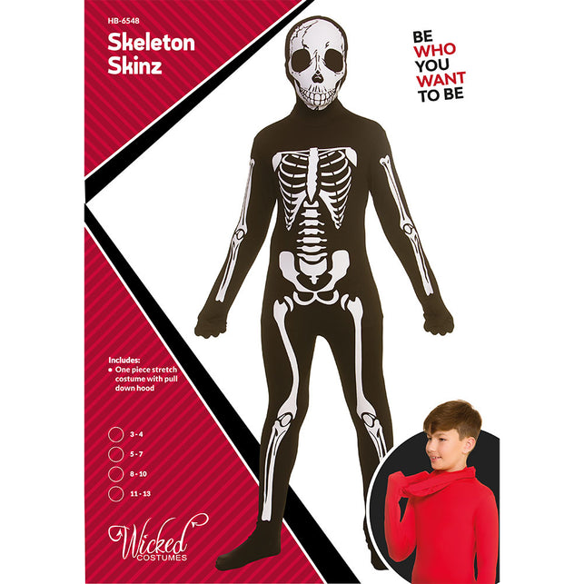 Skeleton skinz kinderkostuum met doorlopende botten-opdruk op armen en benen en kap die je omlaag trekt
