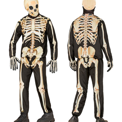Skelettenpak kind met ribbenkast op de jas en beenbotten op de broek, van voren en van achteren