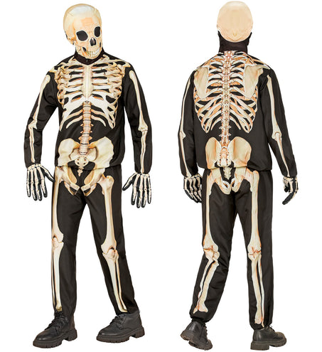Skelettenpak kind met ribbenkast op de jas en beenbotten op de broek, van voren en van achteren