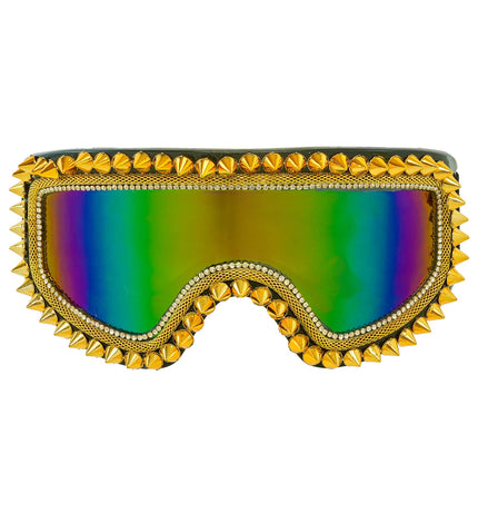 Ski-bril 80's goud Anouk met gouden spikes, strass-rand en spiegelende regenbooglens