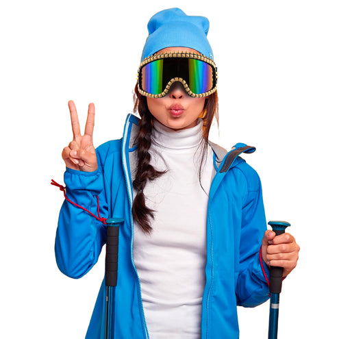 Ski bril met strass steentjes goud gedragen op een blauwe muts, met spiegelglazen voor je après-skifeest