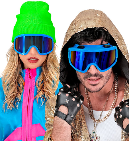 Skibril blauw gedragen door dame en heer bij een jaren 80-feestlook
