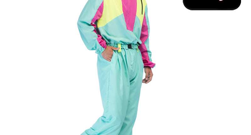 Skipak Snow Blizzard Dude heren, mintgroene jumpsuit met neonroze en gele vlakken en riem, voor aprèsskifeest