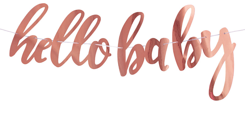 Slinger Hello Baby in rosé goud, papieren schrijfletters aan een wit koord voor een babyshower