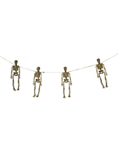 Slinger met skeletten voor Halloween: vier bungelende skeletjes aan een gespannen touwkoord