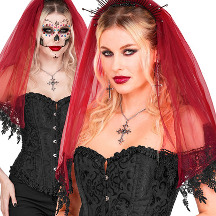 Sluier kant rood voor dames bij een sugar skull-schminklook voor Halloween