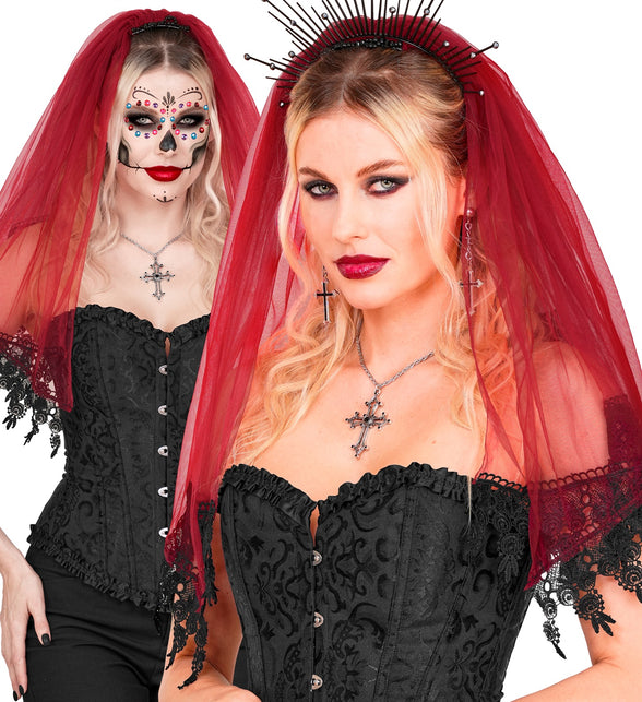 Sluier kant rood voor dames bij een sugar skull-schminklook voor Halloween