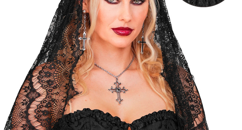 Sluier zwart kant voor dames, doorschijnend bloemkant tot over de schouders, voor Halloween