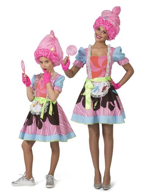 Snoepmeisje jurkje Christy in kindermaat naast dezelfde snoeplook, met pofmouwen en kanten randjes