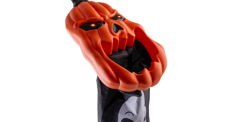 Snoepzak Halloween met oranje pompoenkop, open mond en zwarte zak met wit doodshoofd