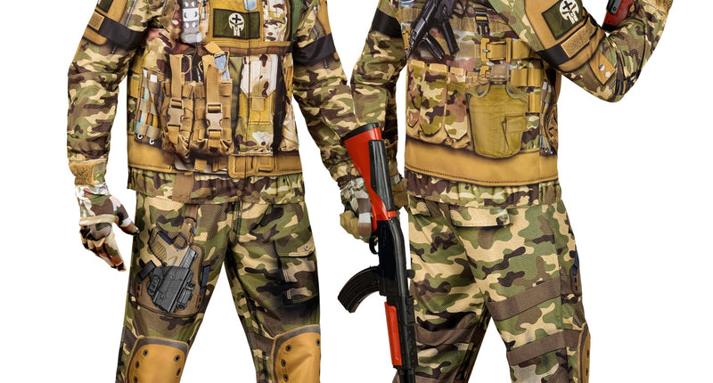 Soldaat kostuum Leo voor heren met camouflagejas, broek met kniebeschermerprint, handschoenen en masker