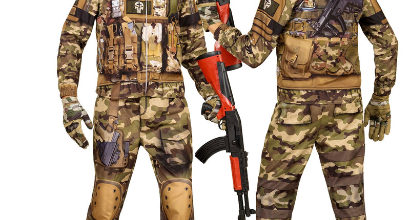 Soldaat kostuum Nora kinderen in camouflageprint, voor- en achterkant met geprint tactisch vest